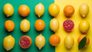 Lemon pattern on pastel background, top view. Flat lay with fresh yellow lemon slices. Minimal summer concept photo