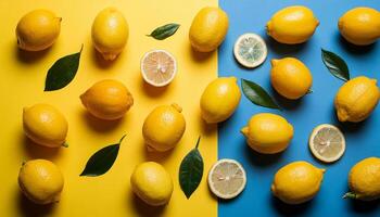 Lemon pattern on pastel background, top view. Flat lay with fresh yellow lemon slices. Minimal summer concept photo