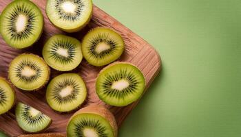 Kiwi pattern on pastel background, top view. Flat lay with fresh green kiwi slices. Minimal summer concept photo