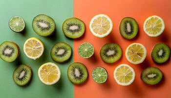 Kiwi pattern on pastel background, top view. Flat lay with fresh green kiwi slices. Minimal summer concept photo