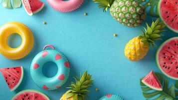 Top view of summer background with inflatable swimming rings, watermelon and pineapple on blue color. Summer vacation holiday concept photo