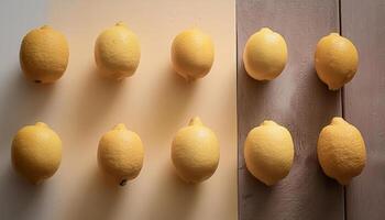Lemon pattern on pastel background, top view. Flat lay with fresh yellow lemon slices. Minimal summer concept photo