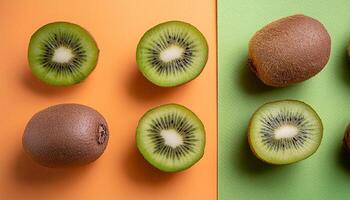 Kiwi pattern on pastel background, top view. Flat lay with fresh green kiwi slices. Minimal summer concept photo