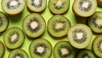 Kiwi pattern on pastel background, top view. Flat lay with fresh green kiwi slices. Minimal summer concept photo