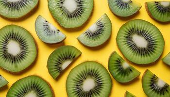 Kiwi pattern on pastel background, top view. Flat lay with fresh green kiwi slices. Minimal summer concept photo