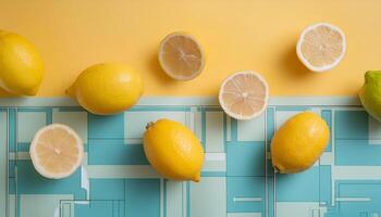 Lemon pattern on pastel background, top view. Flat lay with fresh yellow lemon slices. Minimal summer concept photo