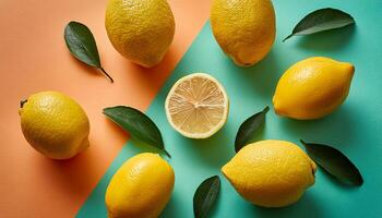 Lemon pattern on pastel background, top view. Flat lay with fresh yellow lemon slices. Minimal summer concept photo