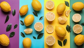 Lemon pattern on pastel background, top view. Flat lay with fresh yellow lemon slices. Minimal summer concept photo
