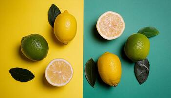 Lemon pattern on pastel background, top view. Flat lay with fresh yellow lemon slices. Minimal summer concept photo