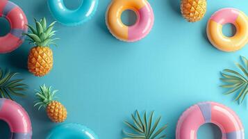 Top view of summer background with inflatable swimming rings, watermelon and pineapple on blue color. Summer vacation holiday concept photo