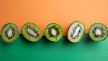 Kiwi pattern on pastel background, top view. Flat lay with fresh green kiwi slices. Minimal summer concept photo