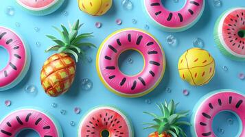 Top view of summer background with inflatable swimming rings, watermelon and pineapple on blue color. Summer vacation holiday concept photo