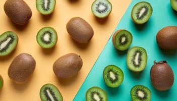 Kiwi pattern on pastel background, top view. Flat lay with fresh green kiwi slices. Minimal summer concept photo