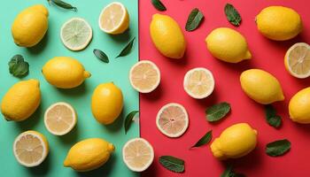 Lemon pattern on pastel background, top view. Flat lay with fresh yellow lemon slices. Minimal summer concept photo