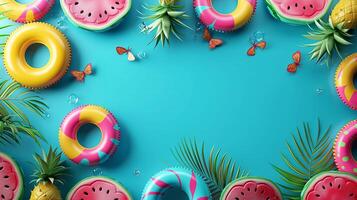 Top view of summer background with inflatable swimming rings, watermelon and pineapple on blue color. Summer vacation holiday concept photo