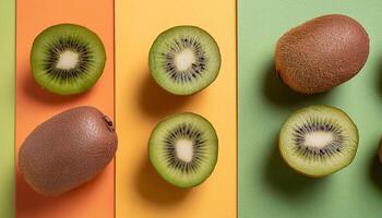 Kiwi pattern on pastel background, top view. Flat lay with fresh green kiwi slices. Minimal summer concept photo