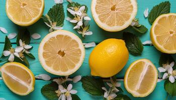Lemon pattern on pastel background, top view. Flat lay with fresh yellow lemon slices. Minimal summer concept photo