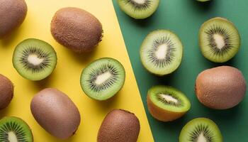 Kiwi pattern on pastel background, top view. Flat lay with fresh green kiwi slices. Minimal summer concept photo