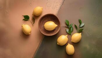 Lemon pattern on pastel background, top view. Flat lay with fresh yellow lemon slices. Minimal summer concept photo