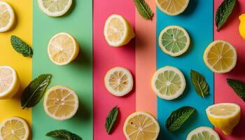 Lemon pattern on pastel background, top view. Flat lay with fresh yellow lemon slices. Minimal summer concept photo