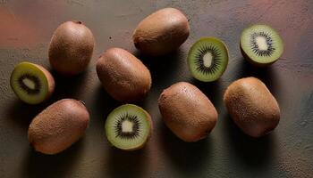 Kiwi pattern on pastel background, top view. Flat lay with fresh green kiwi slices. Minimal summer concept photo