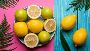 Lemon pattern on pastel background, top view. Flat lay with fresh yellow lemon slices. Minimal summer concept photo