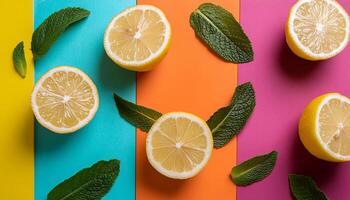 Lemon pattern on pastel background, top view. Flat lay with fresh yellow lemon slices. Minimal summer concept photo