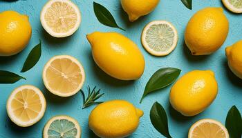 Lemon pattern on pastel background, top view. Flat lay with fresh yellow lemon slices. Minimal summer concept photo