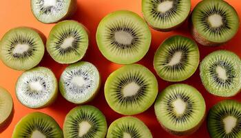 Kiwi pattern on pastel background, top view. Flat lay with fresh green kiwi slices. Minimal summer concept photo