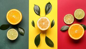 Lemon pattern on pastel background, top view. Flat lay with fresh yellow lemon slices. Minimal summer concept photo