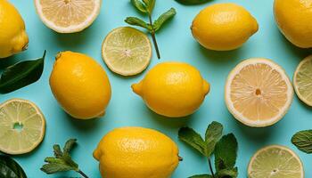 Lemon pattern on pastel background, top view. Flat lay with fresh yellow lemon slices. Minimal summer concept photo