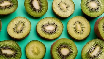 Kiwi pattern on pastel background, top view. Flat lay with fresh green kiwi slices. Minimal summer concept photo