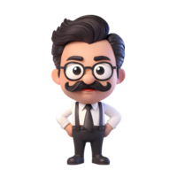 3d rendering man cartoon character with mustache and glassess png