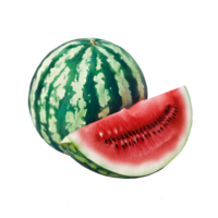 A stunning watercolor painting featuring a whole, vibrant watermelon and a halved watermelon. png