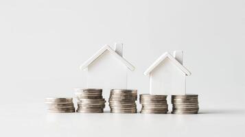 White wooden house models stands on a stacks of coins, solid white background with copy space, real estate concept photo