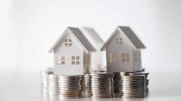 Two small houses are on top of a pile of coins. Solid white background with copy space, finance, mortgage, investment, real estate concept photo