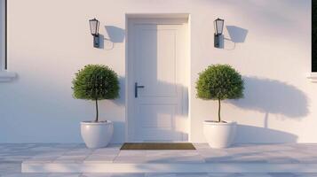 un moderno blanco casa con un grande elegante frente puerta, blanco paredes, puerta estera, arboles en ollas y lámparas real inmuebles concepto. foto