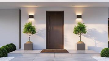 A large brown door with two potted plants on either side of it. Real estate concept photo