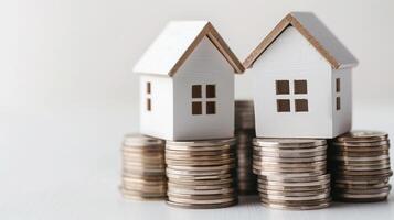 White wooden house models stands on a stacks of coins, solid white background with copy space, finance, mortgage, investment, real estate concept photo