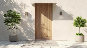 A white house with a wooden door and two potted plants on the porch. The plants are in white pots and are placed on the sidewalk. Real estate concept photo