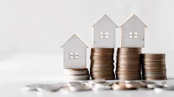 Three small wooden house models stands on a stacks of coins, solid white background with copy space, finance, mortgage, investment, real estate concept photo