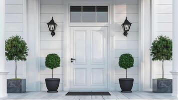A modern white house with a large stylish front door, white walls, door mat, trees in pots and lamps. Real estate concept. photo