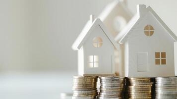 A stack of coins and a house model on top of it. Solid white background with copy space, real estate concept photo