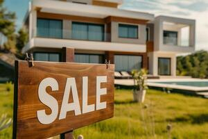 A sign that says Sale is posted in front of a large house. The house is surrounded by a lush green lawn and has a pool. The sign is wooden and has a white background photo