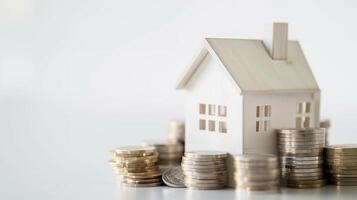 White wooden house models stands on a stacks of coins, solid white background with copy space, finance, mortgage, investment, real estate concept photo