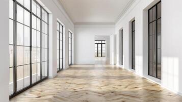 Real estate concept, empty apartments with white walls and big windows. A large room with a view of the city. photo