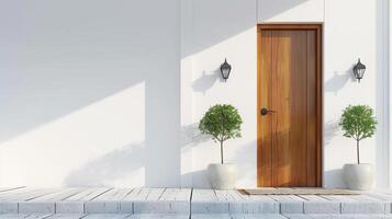 The front door of a house is surrounded by two large potted trees and lamps. White wall with copy space photo