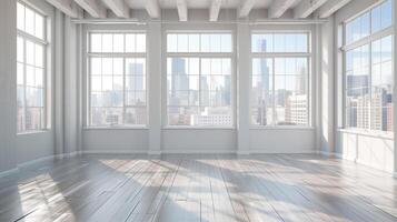 A large, empty room with a view of the city. Real estate concept photo