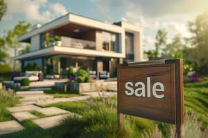 A wooden sign with the word sale on it is placed in front of a large house photo