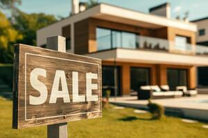 A wooden sign with the word sale on it is posted in front of a large house photo